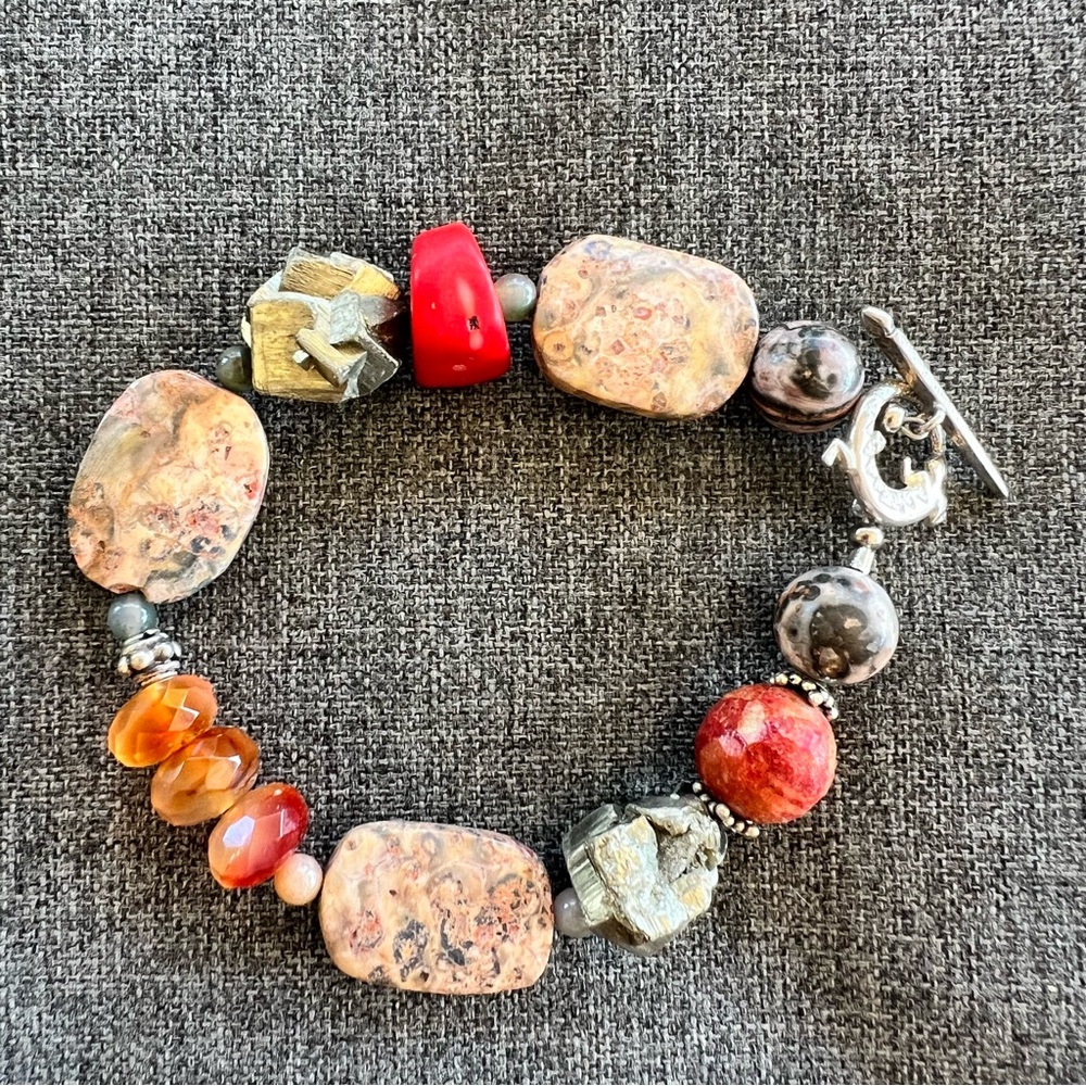 Beaded bracelet 925 silver natural stones, ocean jasper, agate, and pyrite